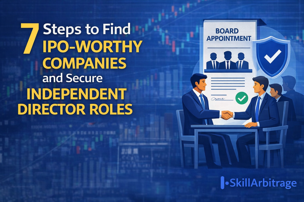 Infographic featuring the title '7 Steps to Find IPO-Worthy Companies and Secure Independent Director Roles' with bold yellow and white text on a blue financial background. Two businessmen are shaking hands in front of a 'BOARD APPOINTMENT' document, with the SkillArbitrage logo at the bottom right corner, symbolizing professional connections and opportunities.
