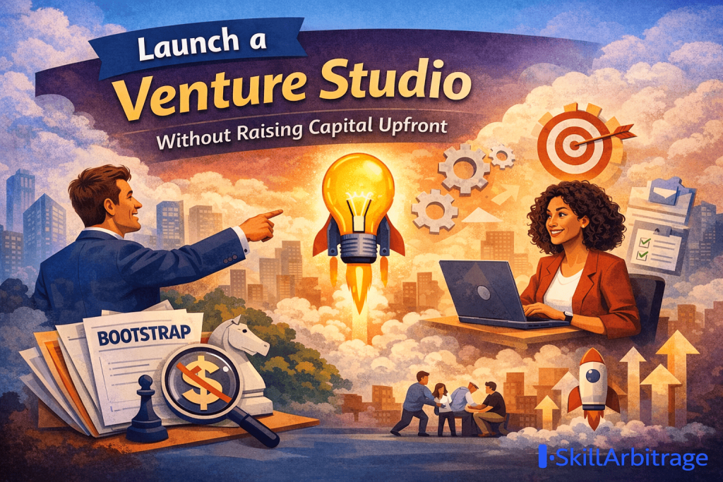 Venture studio model illustration highlighting how to launch and scale startups without upfront capital using strategy, IP, and structured processes