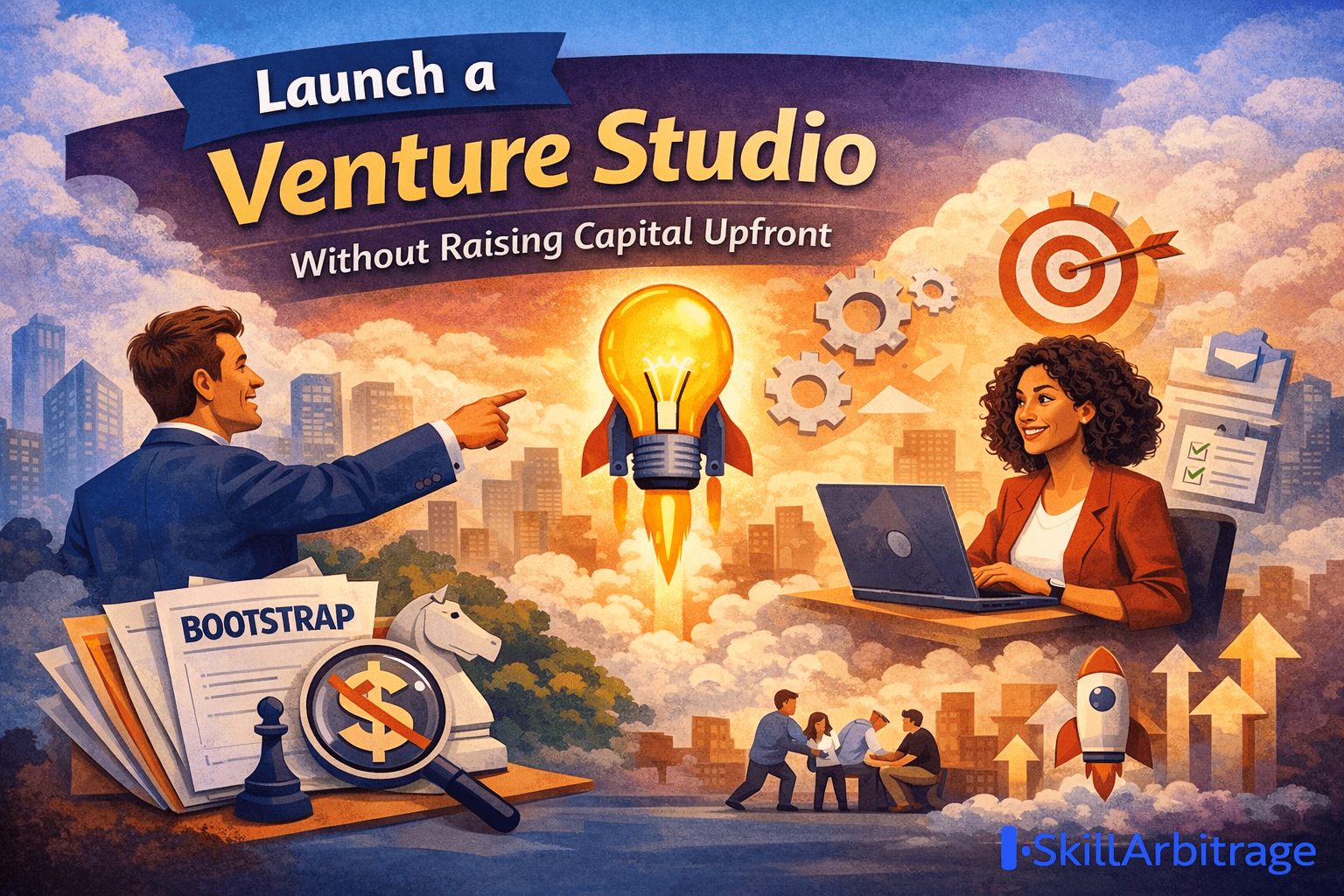 Venture studio model illustration highlighting how to launch and scale startups without upfront capital using strategy, IP, and structured processes