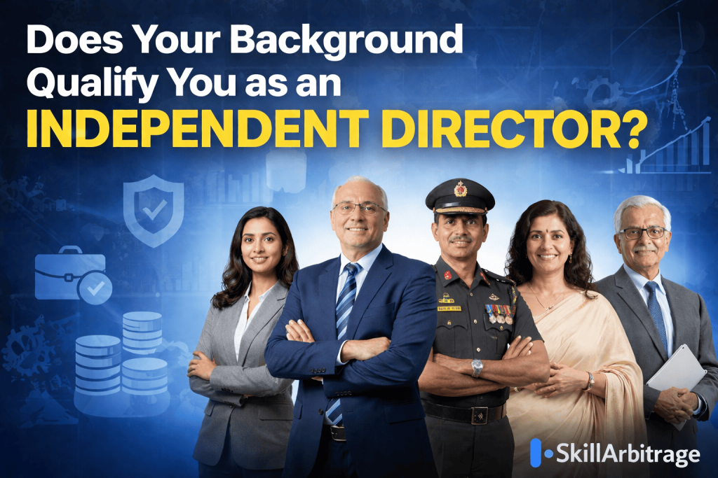 A professional corporate banner featuring diverse experts against a blue background with business-related icons. The bold text asks, 'Does Your Background Qualify You as an INDEPENDENT DIRECTOR?