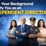 A professional corporate banner featuring diverse experts against a blue background with business-related icons. The bold text asks, 'Does Your Background Qualify You as an INDEPENDENT DIRECTOR?