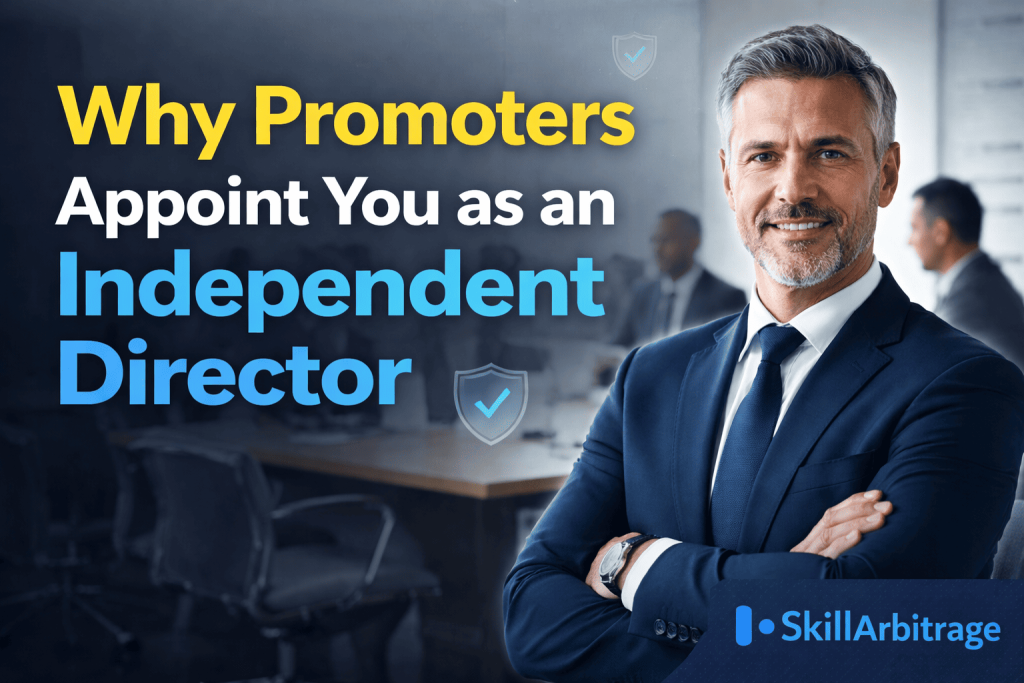 Why Promoters Appoint You as an Independent Director', with a professional in a navy suit standing confidently in a blurred corporate boardroom.