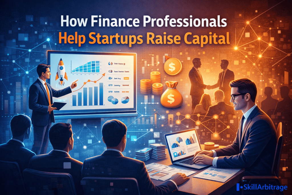 Finance professionals helping startups with fundraising through financial modeling, pitch decks, and investor meetings in a modern corporate setting