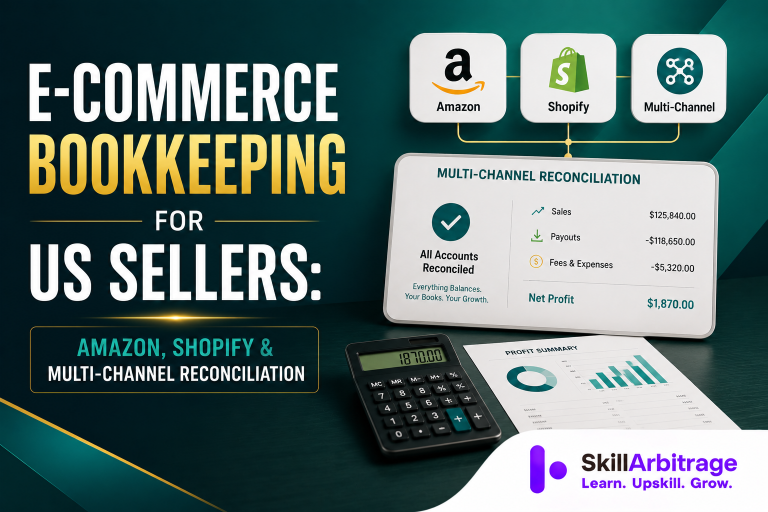 E-commerce bookkeeping records sales, fees and refunds at gross, then ties the net Amazon or Shopify payout to a clearing account that must clear to zero