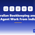 Featured image reading "Australian Bookkeeping and BAS Agent Work From India" over a dark blue to white gradient, with laptop, ledger, currency, calendar and globe icons and the SkillArbitrage logo lockup in the bottom-right corner.