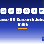 Featured image for the article Freelance UX Research Jobs From India, showing the topic title on a dark blue to white gradient with magnifying glass over a screen, laptop, headset, clipboard checklist, globe and rupee and dollar icons and the SkillArbitrage logo.