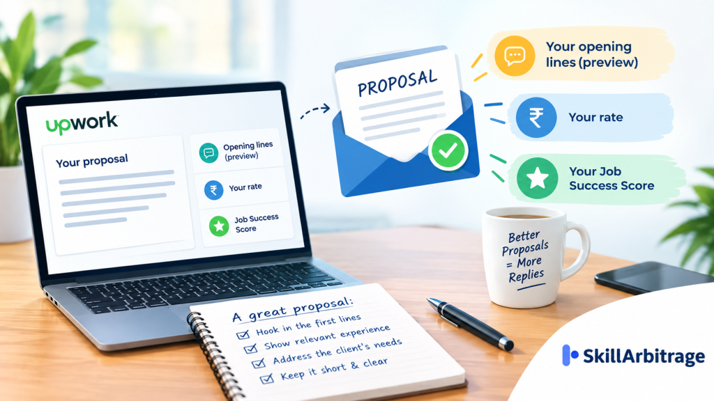 Featured image for the article How to Write an Upwork Proposal That Gets Replies, showing the topic title on a dark blue to white gradient with envelope, proposal list, chat reply, laptop, globe and dollar token icons and the SkillArbitrage logo.
