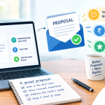 Featured image for the article How to Write an Upwork Proposal That Gets Replies, showing the topic title on a dark blue to white gradient with envelope, proposal list, chat reply, laptop, globe and dollar token icons and the SkillArbitrage logo.