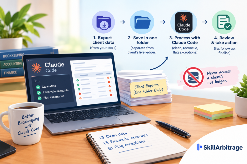 Featured image for the article How to Use Claude Code in a Bookkeeping Workflow, showing the topic title on a dark blue to white gradient with terminal window, file folder, spreadsheet grid, receipt, padlock and reconciliation match icons and the SkillArbitrage logo.