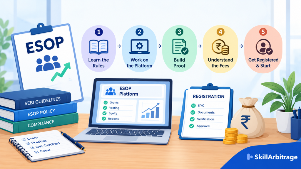 Featured image for the article How to Become an ESOP Administrator, showing the topic title on a dark blue to white gradient with share certificate, stock option register, vesting schedule, laptop, globe and rupee and dollar icons and the SkillArbitrage logo.