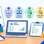Featured image for the article How to Become an ESOP Administrator, showing the topic title on a dark blue to white gradient with share certificate, stock option register, vesting schedule, laptop, globe and rupee and dollar icons and the SkillArbitrage logo.
