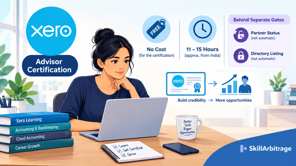Xero Advisor Certification: Worth It From India?, with icons for the credential, a ledger, remote work, global clients, time zones and currency, on the SkillArbitrage blue-to-white gradient.