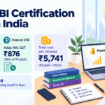 Power BI certification cost in India, with an illustrated desk scene showing a Power BI dashboard on a monitor, a certificate with an award ribbon, a stack of rupee coins and a magnifier over a rupee symbol.