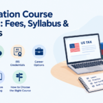 Illustration for a US taxation course in India showing a learner at a laptop with Form 1040 returns, an April 15 calendar and a graduation cap